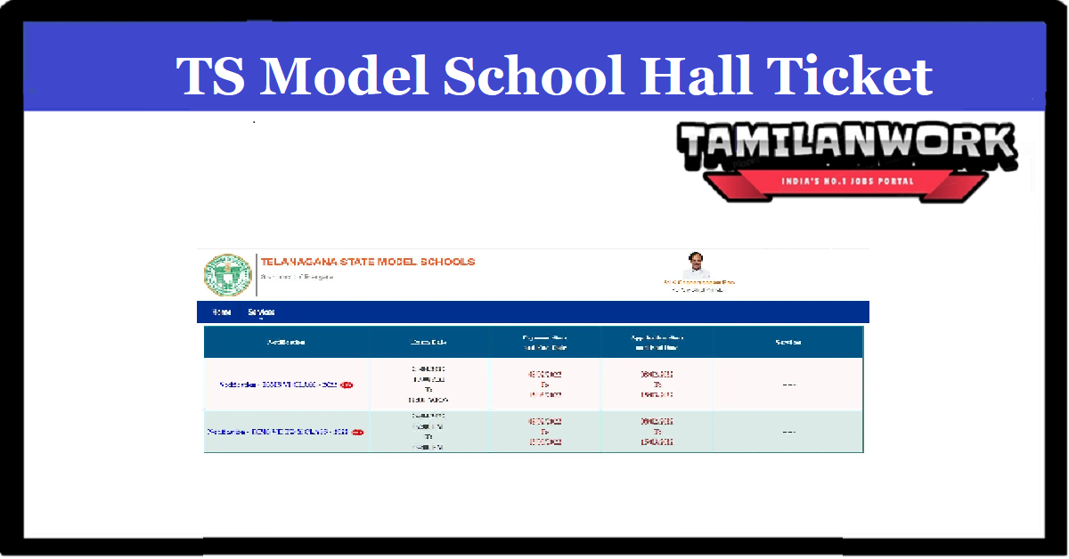 TSMS Model School Entrance Exam Hall Ticket 2022
