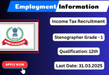 Income Tax Department Recruitment 2025 Apply Stenographer Grade – I Jobs Income Tax Department Recruitment 2025