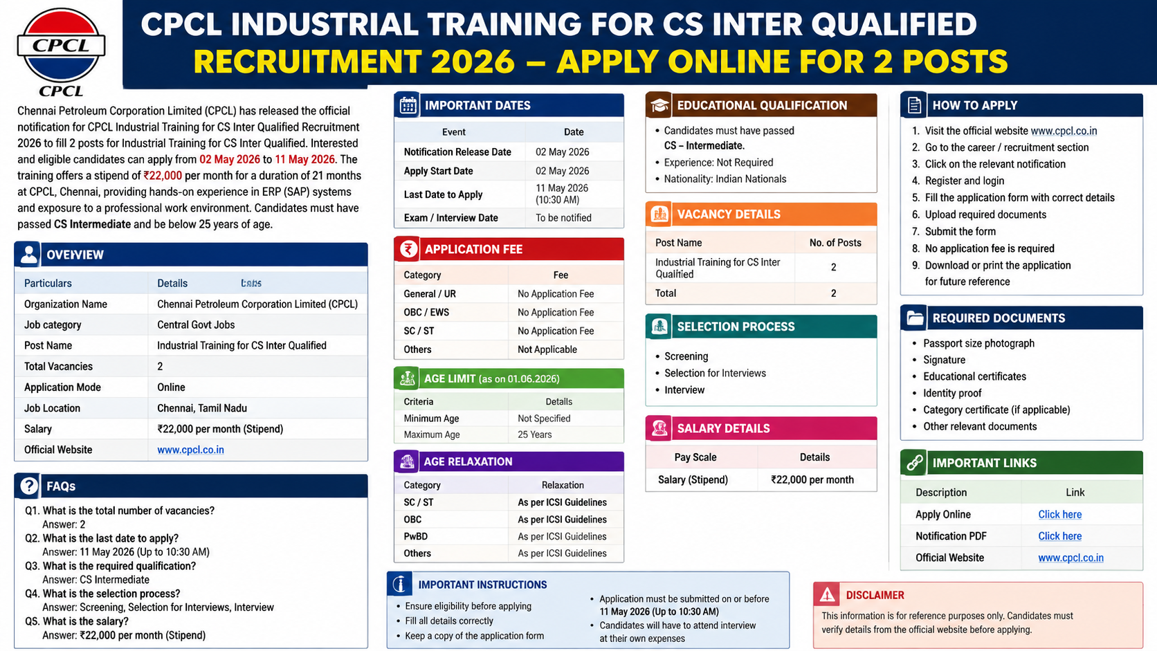 CPCL Industrial Training for CS Inter Qualified Recruitment 2026