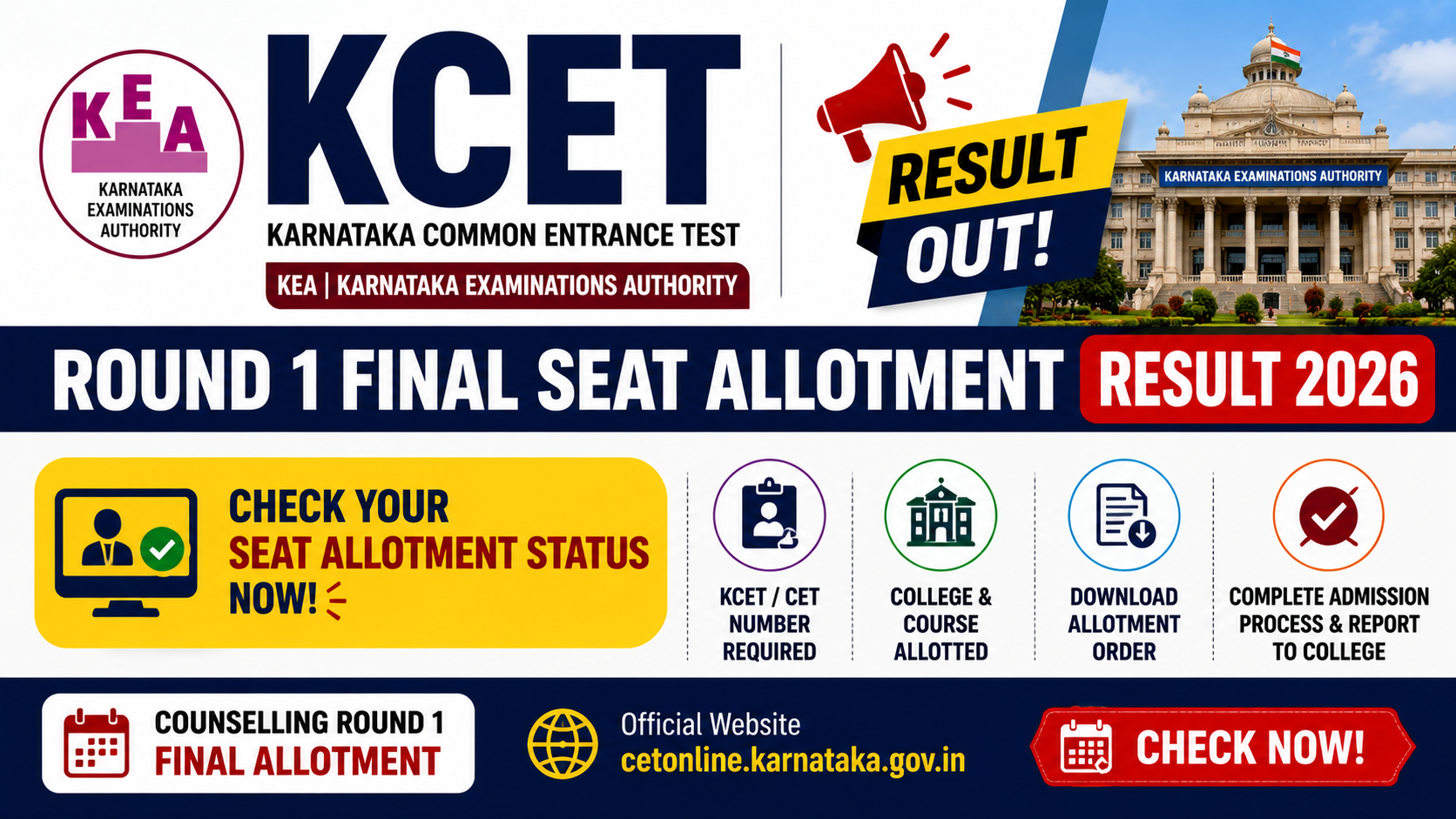 KCET Round 1 Final Seat Allotment Result 2026