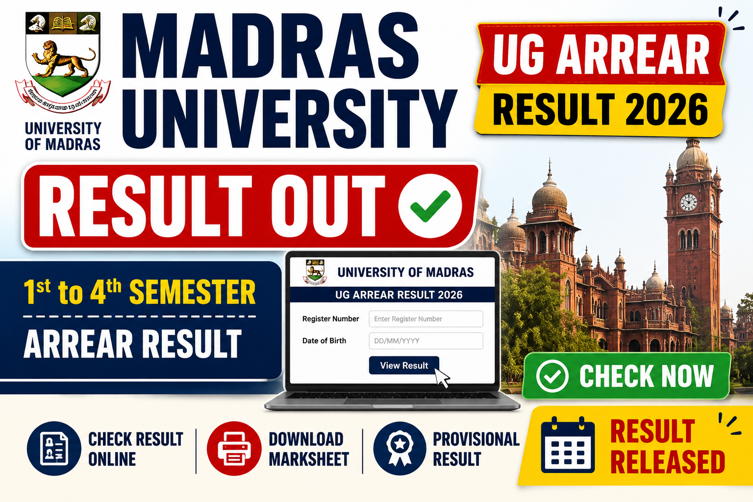 Madras University UG Arrear Result 2026